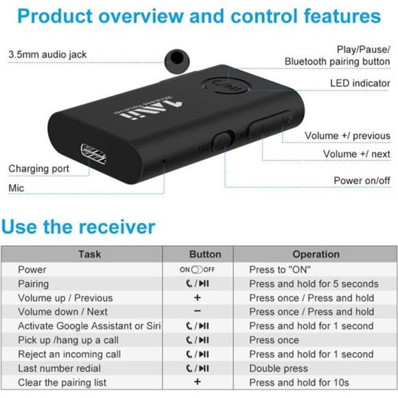 Bluetooth 5.0 Receiver for Car Music/Wired Speakers/AUX Bluetooth Adapter, - Picture 4 of 6